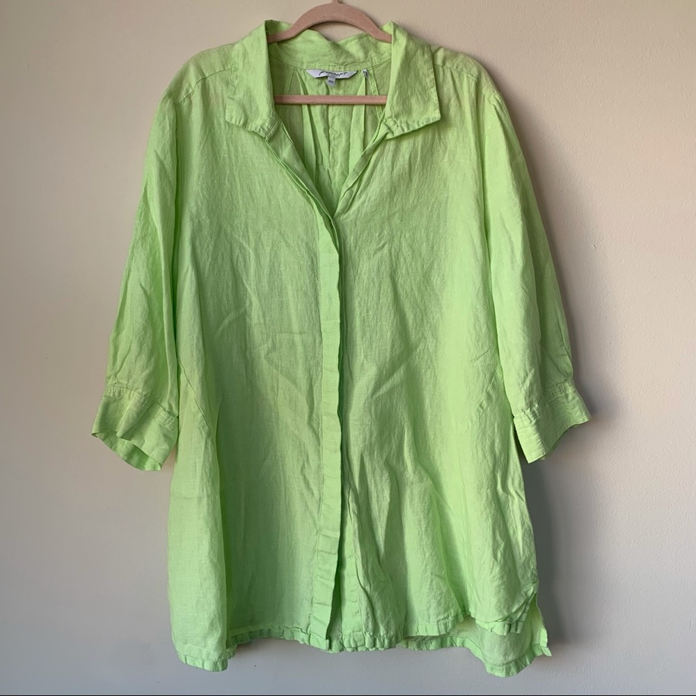 Foxcroft 100% Linen Button Front Tunic Lime Green Lightweight 3/4 Sleeve Sz 20W